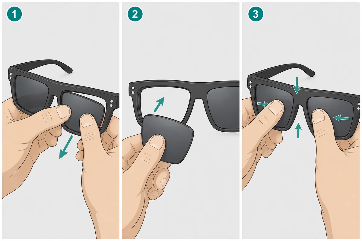 Pasos para cambiar las lentes de las Oakley Holbrook: empujar desde dentro, presentar y encajar