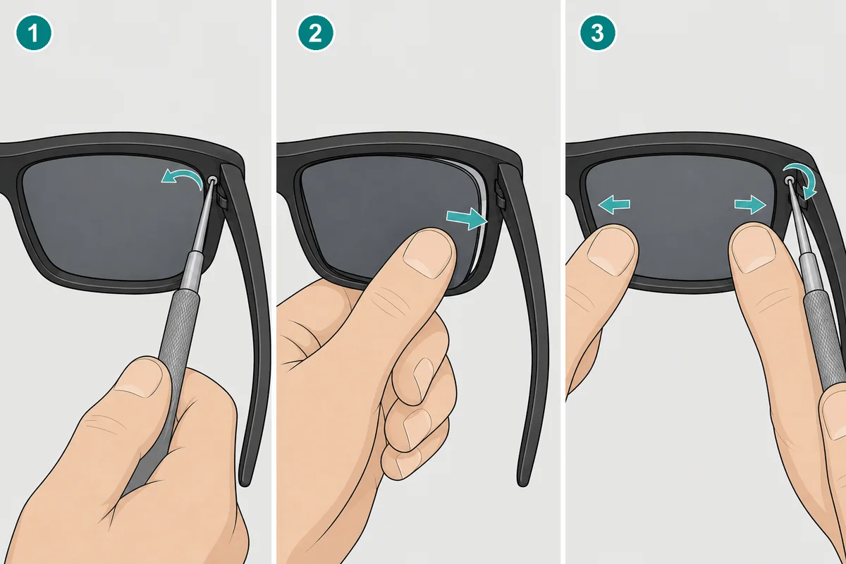 Pasos para cambiar las lentes Oakley TwoFace: aflojar el tornillo, sacar el cristal y apretar de nuevo