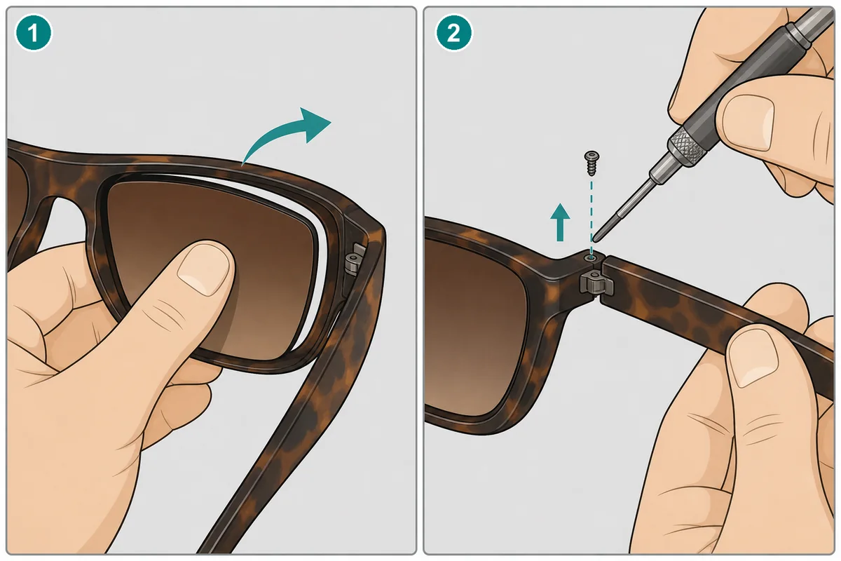 Cambiar lentes Ray-Ban 4068 empujando desde dentro y quitar el tornillo de la patilla