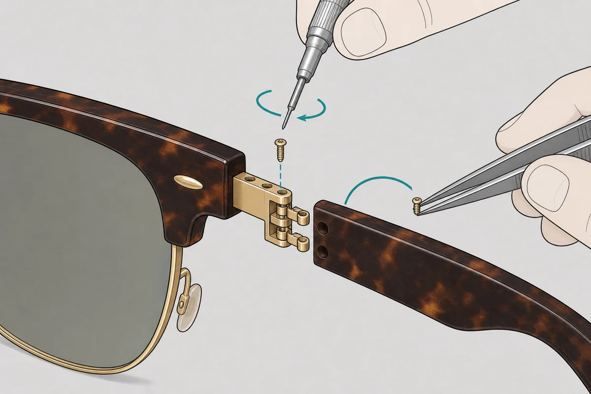 Cambiar patillas Ray-Ban Clubmaster: tornillo de la bisagra, destornillador y pinzas
