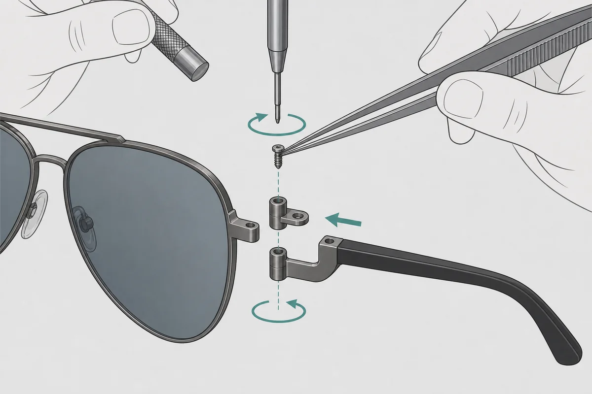 Cambiar patillas Ray-Ban RB8313: bisagra metálica, tornillo, destornillador y pinzas